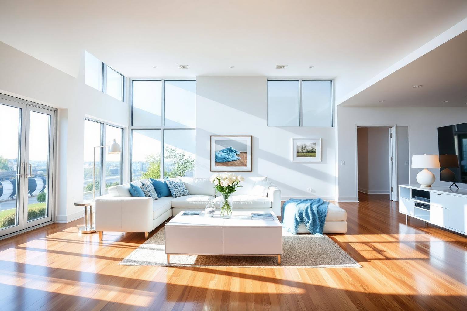 Bright, freshly cleaned modern living room with blue accents